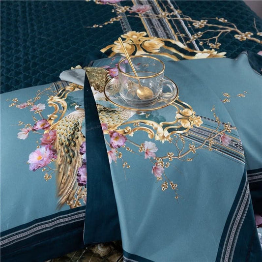 Generic Chic Peacock Floral Duvet Cover Blossom Quilted Bed Spread Set Long Staple Cotton Bedding Set (Color : A, Size : Queen Size 4Pcs)