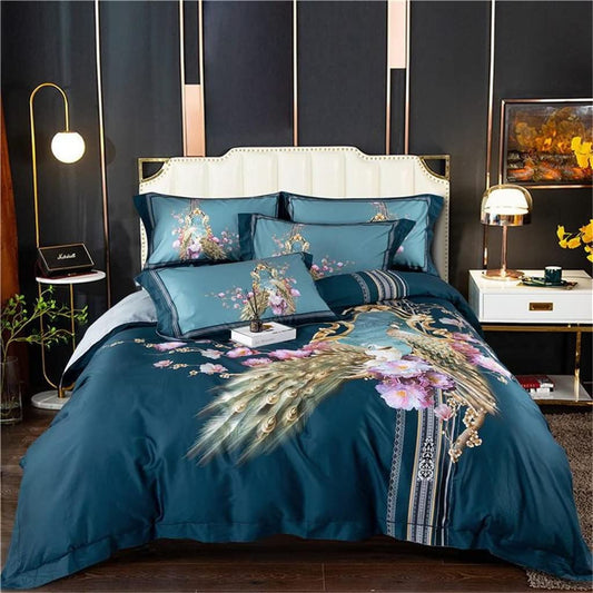 Generic Chic Peacock Floral Duvet Cover Blossom Quilted Bed Spread Set Long Staple Cotton Bedding Set (Color : A, Size : Queen Size 4Pcs)